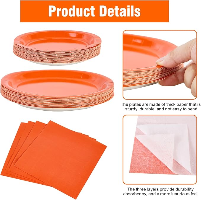Ottin 169PCS Orange Party Supplies for 24 Guests – Disposable Paper Plates, Napkins, Cups, Forks, Knives, Spoons & Tablecloth for Birthday, Wedding, Halloween, Thanksgiving, Christmas, and New Year
