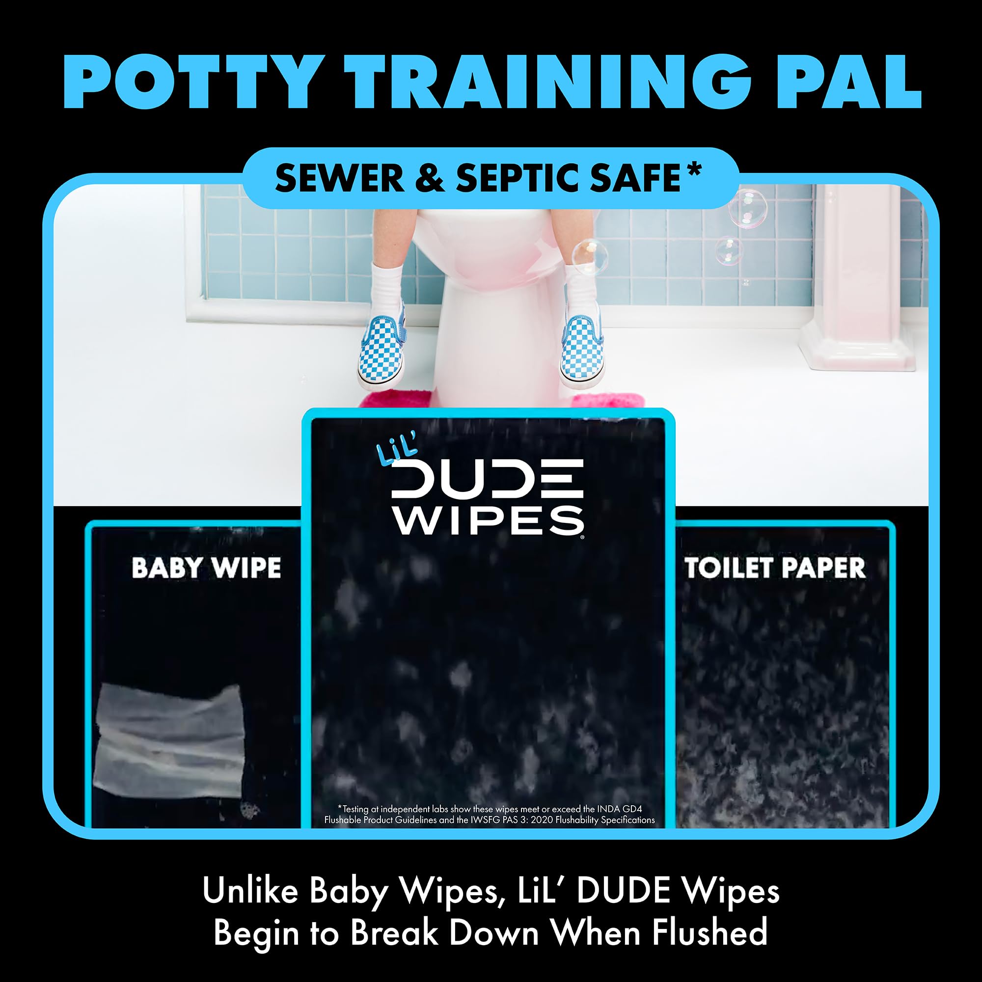 DUDE Wipes LiL' DUDE Flushable Water Wipes for Toddlers - Potty Training Toilet Safe (unlike nonflushable baby wipes) - 99% Water, Hypoallergenic for Sensitive Skin - Unscented, 4 Pack (168 Count).