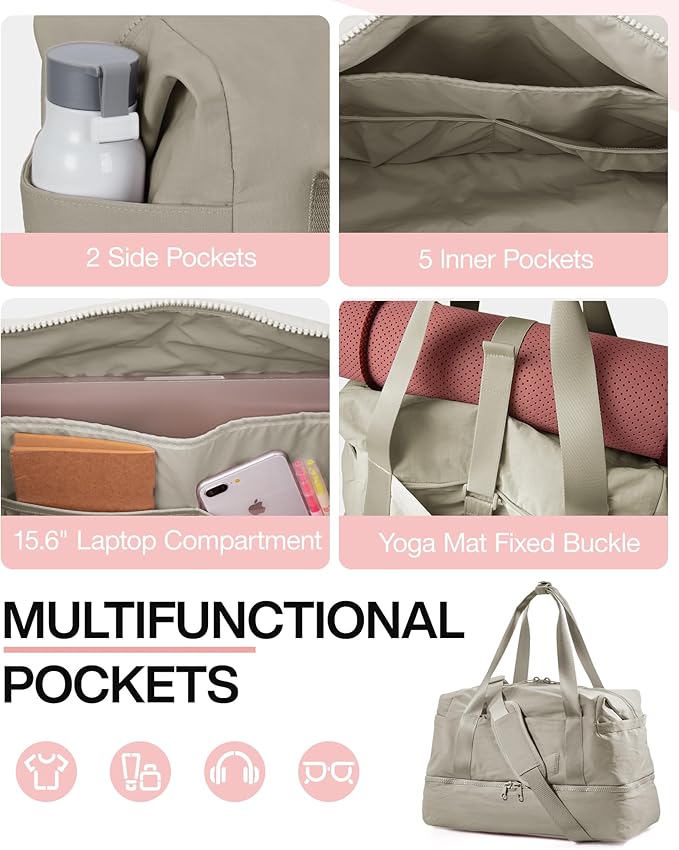 Weekender Bags for Women, BAGSMART Travel Duffel Bags with Shoe Compartment,Personal Item Travel Bag for Airlines, Carry on Overnight Tote Bag with Toiletry Bag(Beige,2pcs)