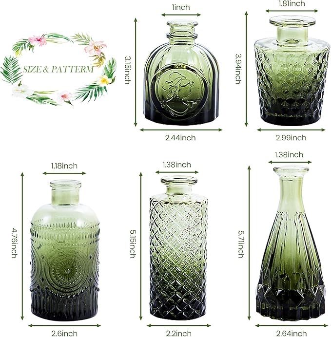 Glass Bud Vases Set of 5, Mini Flower Vase for Centerpieces, Small Clear Vases in Bulk for Wedding Decorations, Vintage Vase for Table, Recepetion, Home Décor (Green)