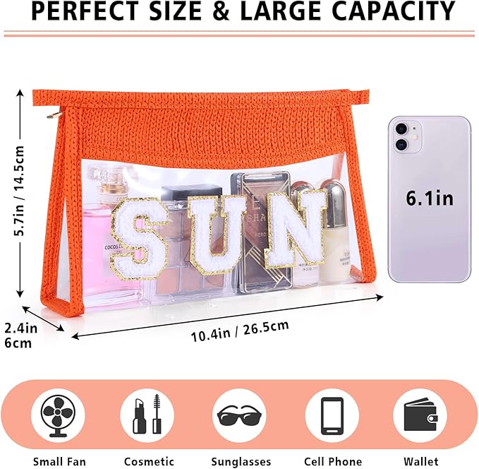 Sunscreen Bag Clear Makeup Bag Chenille Letter Sun Cosmetic Pouch Summer Beach Essential Cute Toiletry Pouch Travel Accessories Gifts for Women