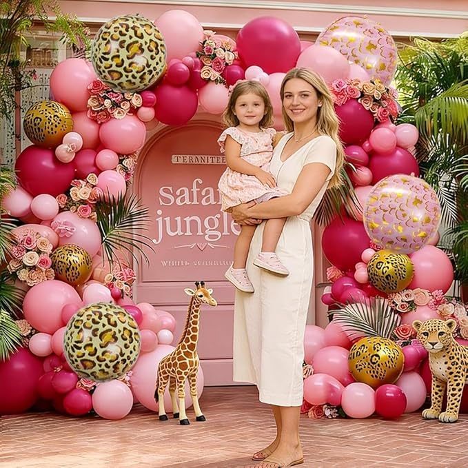 Hot Pink Balloon Arch Kit, Double Stuffed Dark Light Pink Magenta Gold Cheetah Print Balloons Fringe Curtain for Mother's Day Birthday Bridal Baby Shower Safari Jungle Party Decorations