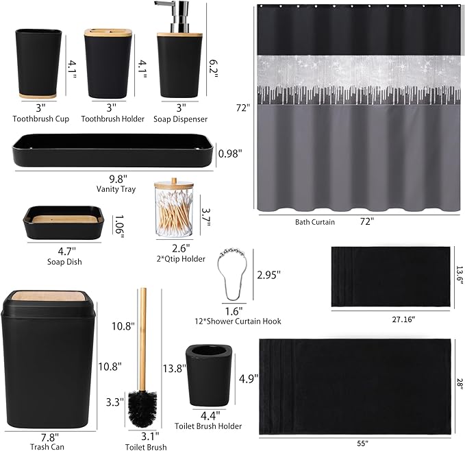 Black Bathroom Accessories with Glitter Shower Curtain,Towel Set 24 PCS Bathroom Set with Shower Curtain Set Bathroom Set Black Shower Curtain with Bathroom Trash Can