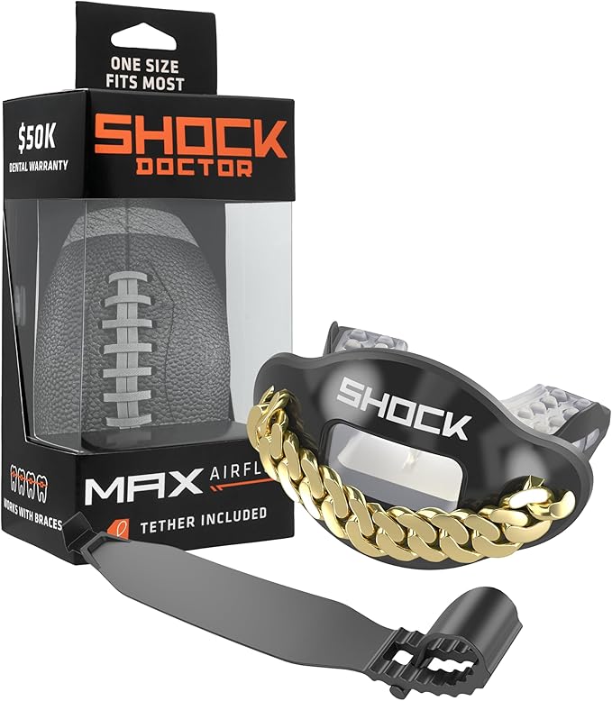 Shock Doctor Lip Guard, Adult and Youth Mouth Guard Football with Strap, Breathable Wide Opening Football Mouthpiece for Youth and Adults OSFA, Shock Doctor Mouth Guards, Max Airflow