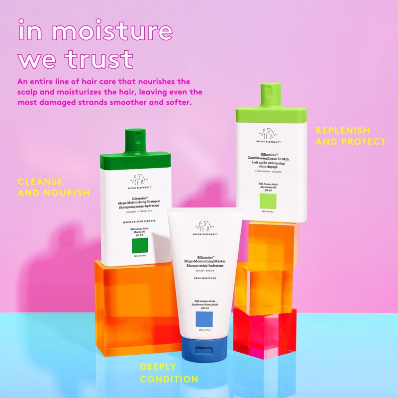 Drunk Elephant Silkamino Mega-Moisturizing Shampoo - 240 ml/8 fl oz - Silk Amino Acids - Clean Clinical - Sulfate-Free - Cruelty-Free - Dermatologist-Tested - Free of Essential Oils, Silicones, SLS