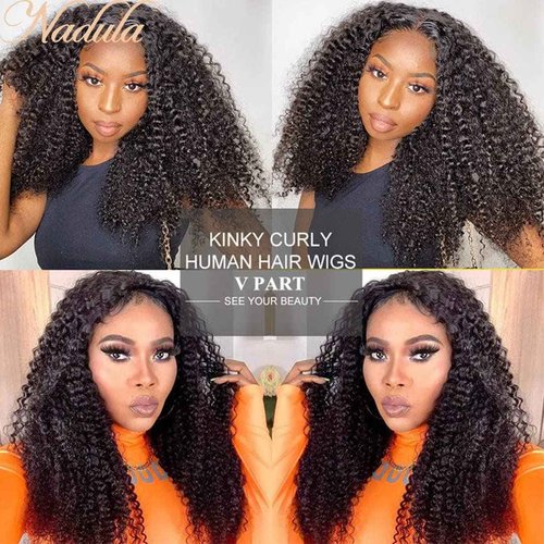 Nadula V Part Wig Kinky Curly Human Hair No Leave Out Glueless Upgraded U Part Wigs for Women,10A Malaysian Afro Curly V-part Wigs V Shape Clip in Half Wig Beginner Friendly 150% Density 14inch