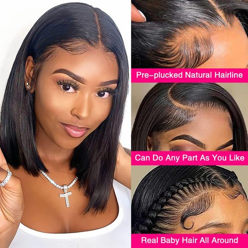 Bob Wig Wear and Go Glueless Wigs Brazilian Virgin Bob Wig Human Hair with Baby Hair 180 Density 13x4 Lace Front Wigs Human Hair Pre Plucked Glueless Wig 16 inch Natural Color