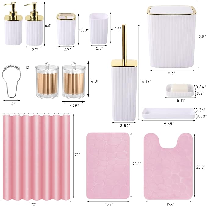 Bathroom Accessories Set- 25PC White Bathroom Set, Bathroom Set with Shower Curtain and Rugs, Pink Shower Curtain Set, Soap Dish & Trash Can