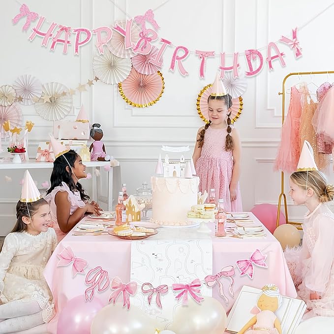 Pre-Strung Pink Bow Birthday Decorations, Pink Coquette Party Decorations, Bow Party Supplies Include Happy Birthday Banner, Bow Garland Banner for Girls