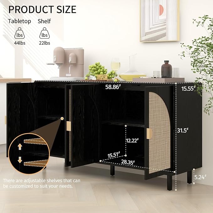 Black Sideboard Cabinet with 4 Rattan Doors, Rattan Buffet Cabinet with Adjustable Shelves & Pine Legs, Boho Sideboard Buffet for Living Room, Kitchen, Entryway, Black