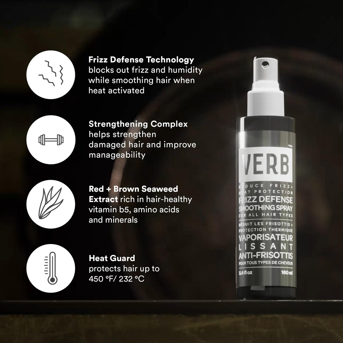 VERB Frizz Defense Smoothing Spray, 5.4 fl oz – Anti-Frizz Shield + Heat Protection for Sleek Blowouts – No Parabens, Gluten, or Harmful Sulfates – All Hair Types