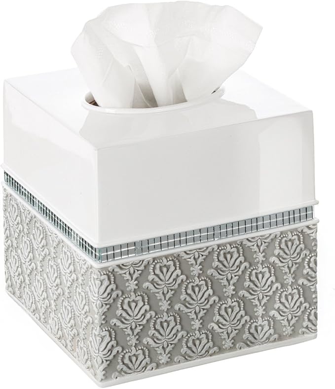 Creative Scents Mirror Damask Square Tissue Box Cover - Decorative Bathroom Tissues Paper Holder, Modern Napkins Container, Bottom Slider, for Cute Elegant Bathroom Decor (White & Gray)