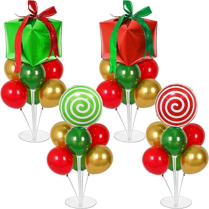 4 Sets Christmas Party Balloons Stand Kit with Gift Box Candy Foil Balloons Party Balloon Centerpiece for Tables for Xmas Holiday Birthday Party Christmas Themed Decorations