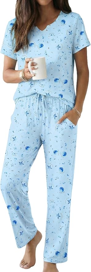 Ekouaer 2 Piece Womens Pajamas V Neck Short Sleeve Top and Long Pants Pjs Print Lounge Set Sleepwear