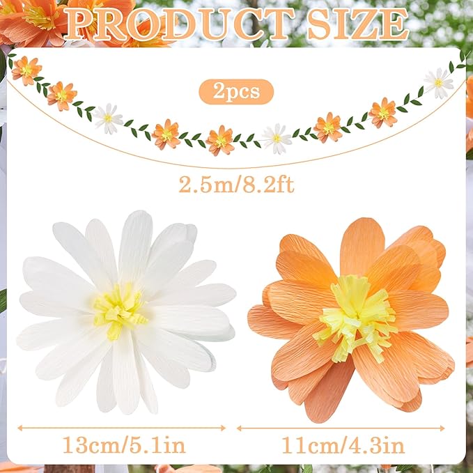 2PCS Paper Flower Garland, Paper Leaves Banner Vine Flowers with Green Leaves Crepe Flower Garland Decorations for Wall Anniversary Wedding Birthday Arch Decor-Orange