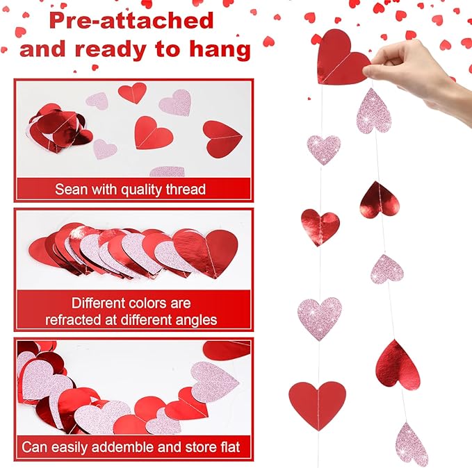 10 Pack 130ft Red, Glitter Pink Heart Party Garland Asymmetrical Love Hanging Banners for Birthday Wedding Decorations Mothers Day Bachelorette Bridal Shower Engagement