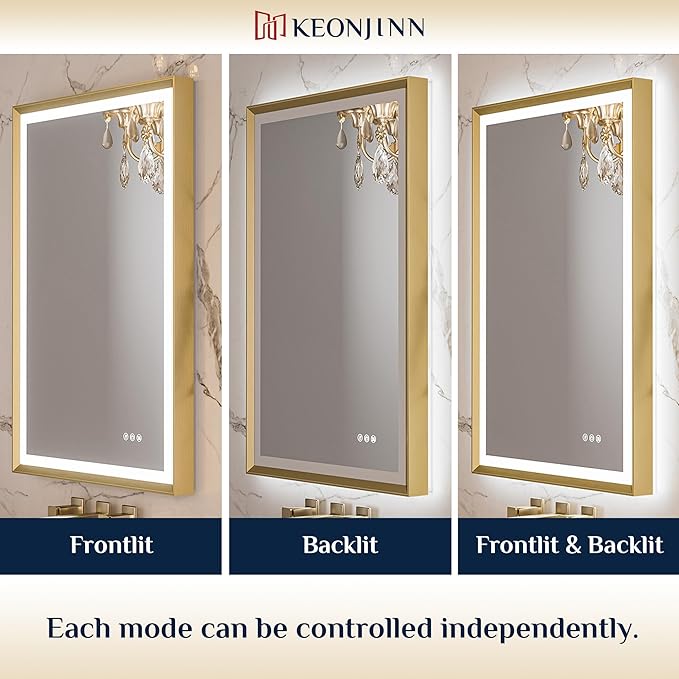 Keonjinn 24” x 32” LED Bathroom Mirror with Frontlit & Backlit, Gold Metal Framed Beveled Edge Mirror for Wall, LED Mirror with Anti Fog, Stepless 3-Color Temperatures, UL-Listed LED Driver