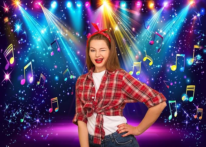 AIIKES 7x5ft Rainbow Stage Photography Backdrop1980s Colorful Disco Backdrop Rock Music Glow Neon Dance Birthday Party Decorations Backdrop XY142