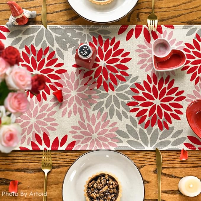 Artoid Mode Red Pink Dahlia Floral Pinnata Christmas Table Runner, Valentine Summer Kitchen Dining Table Decoration for Home Party Decor 13x90 Inch