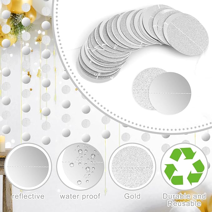 5 Pcs Silver Garland Glitter Silver Circle Dots Garland, PLULON 65 Ft Hanging Paper Polka Dot Streamer Backdrop Banner for Christma Party Decor Birthday Baby Shower Wedding Classroom Stitch