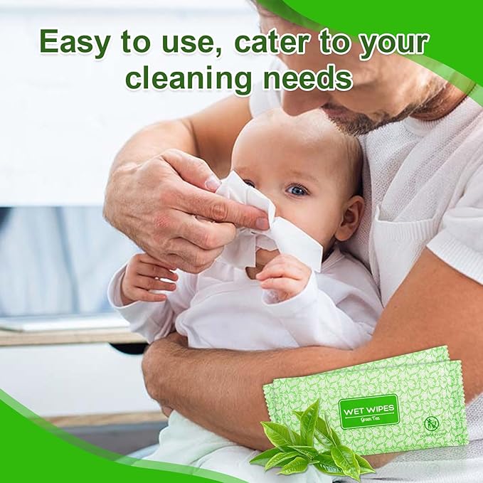 100 Pcs Wet Wipes Individually Wrapped, Personal Cleansing Wipe, Travel Size Hand Wipe, Green Tea Wipes Bulk for Homeless, Suitable for Restaurant, Wedding, Barbecue, Light Green (100 PCS)