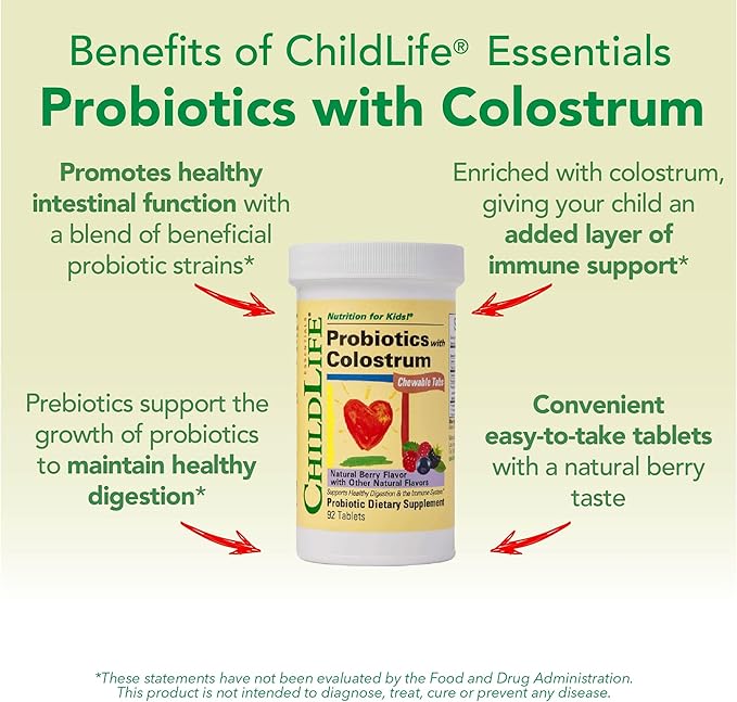 CHILDLIFE ESSENTIALS ChildBiotics with Colostrum- Probiotics for Kids, Probiotics for Digestive Health, Chewables, Children's Probiotic, Colostrum for Kids, Gluten Free - Natural Berry, 92 Tablets