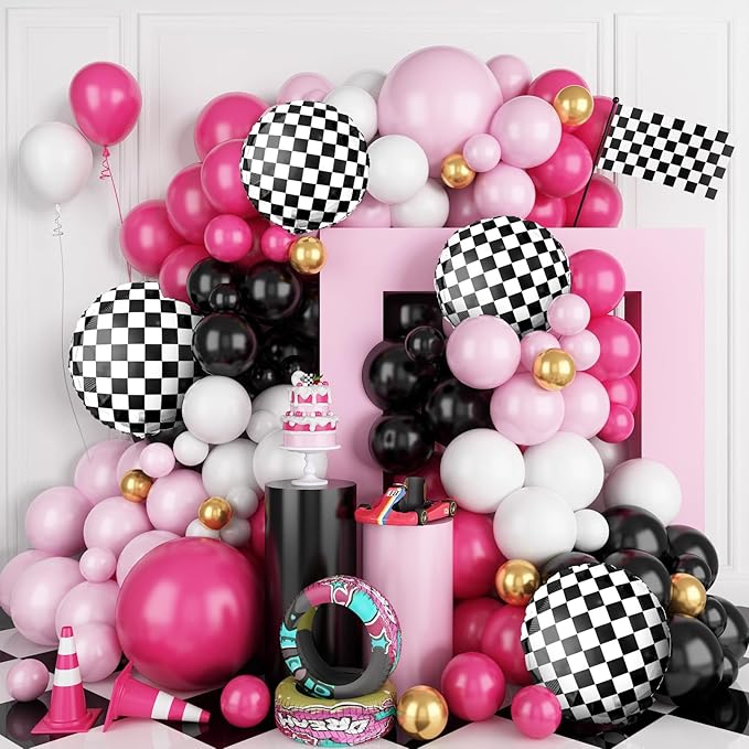 FunHot Pink Race Car Balloon Arch Garland Kit, Hot Pink Black Balloons Arch with Black and White Plaid Foil Balloons for Racing Car Theme Birthday Party Decorations