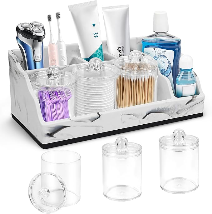 Bathroom Organizer Countertop, White Marble Toothbrush Holders for Bathrooms with 3PCS Qtip Holder Dispenser, Toothbrush and Toothpaste Holder for Bathroom Counter Organization Storage Vanity