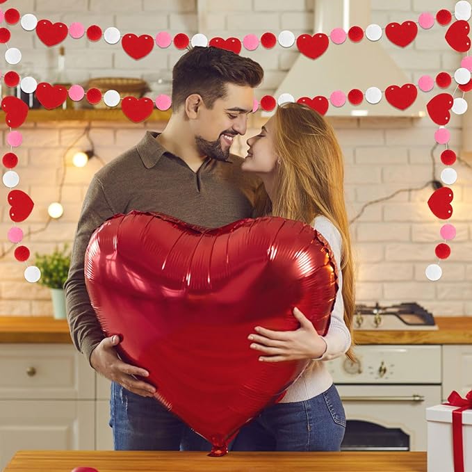 4 Pcs 26.3 Feet Valentine's Day Felt Ball Garland with Red Heart, Red Pink White Pom Pom Garlands Romantic Hanging Decorations for Valentine’s Day Wedding Anniversary Home Wall Decor