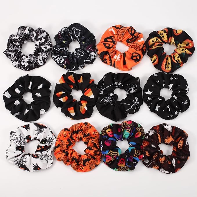 Halloween Hair Scrunchies BOO Spooky Pumpkin Fall Scrunchies Skull Ghosts Bat Star Moon Candy Spider Web Skeleton Hair Ties for Women Girls Elastics Scrunchy Halloween Gifts Accessories 12 PCS