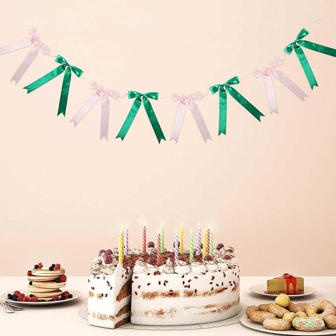 2 Strings Bow Garland Pink Green Bow Garland Banner Hanging Birthday Decorations for Party Decorations Bachelorette Wedding Party Baby Shower Graduation 16pcs