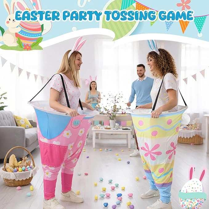 4 Sets Easter Granny Pants Outdoor Games, Giant Granny Cute Pants with Egg Balls & Bunny Ear Headbands, Funny Spring Yard Tossing Game for Adults Family Party Gathering (Various Style)
