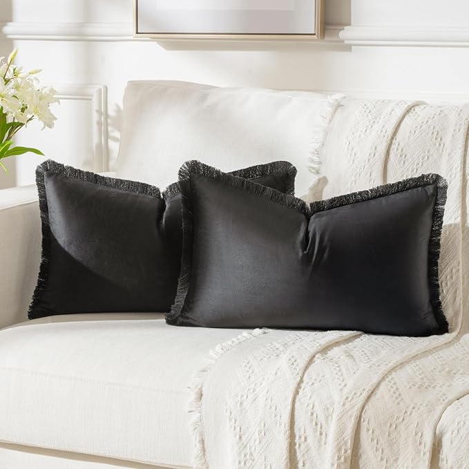 FUTEI Black Velvet Decorative Throw Pillow Covers 12x20 Set of 2,Soft Cozy Edge with Tassels Lumbar Pillow Cases,Boho Modern Home Decor for Couch Bed Living Room