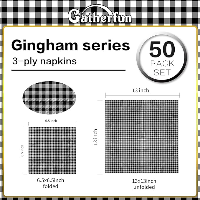 Gatherfun Disposable Paper Napkins Black and White Gingham for Dinner Picnic and Parties (Pack of 50)