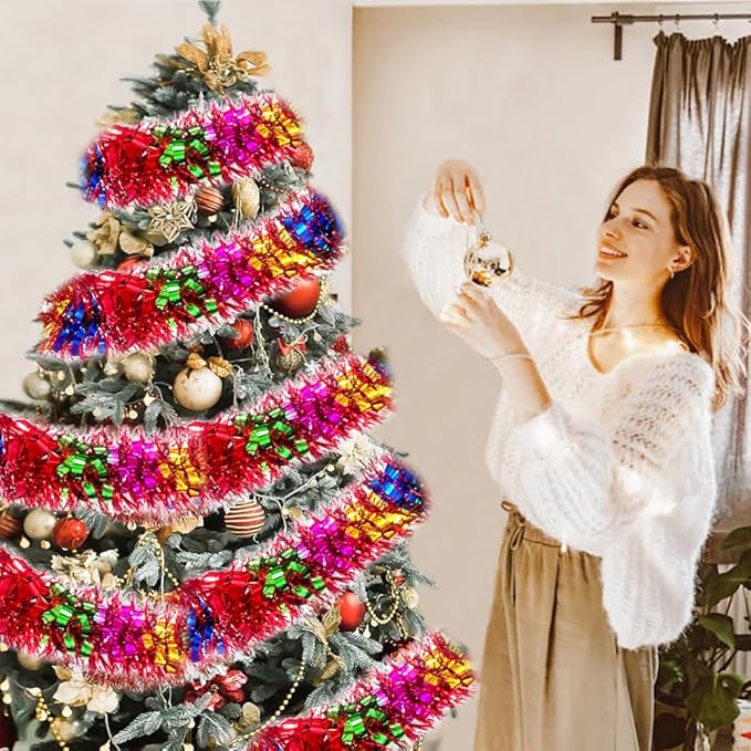 33Ft Long Tinsel Twist Garland Shiny Thick Metallic Foil Xmas Tree Decorations for Birthday Party Christmas New Year Parties Parade Floats and Other Holidays Hanging Decor Supplies-(Colours+Red)