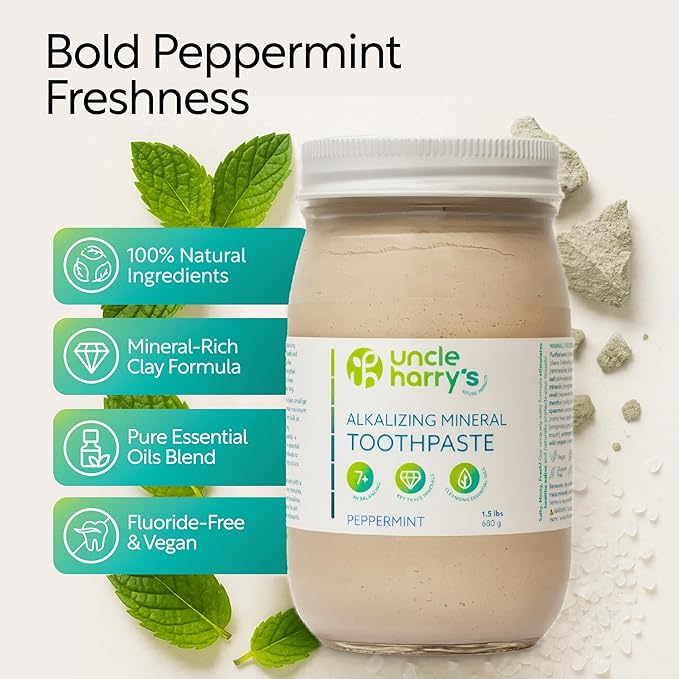 Uncle Harry's Peppermint Remineralizing Toothpaste 1.5 lb Jar | Natural Whitening Tooth Paste Freshens Breath & Promotes Enamel | Vegan Fluoride Free Toothpaste