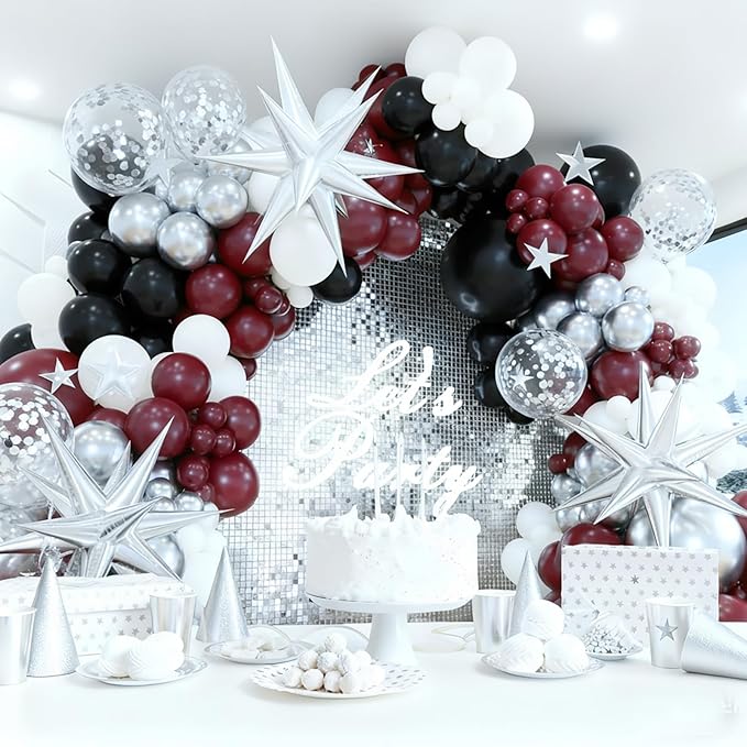 Graduation Party Decorations Maroon White 2026/Graduation Decorations Burgundy Black White Balloon Arch Kit/Burgundy Black Silver Confetti Balloons 134pcs/Maroon Birthday Wedding Party Decor