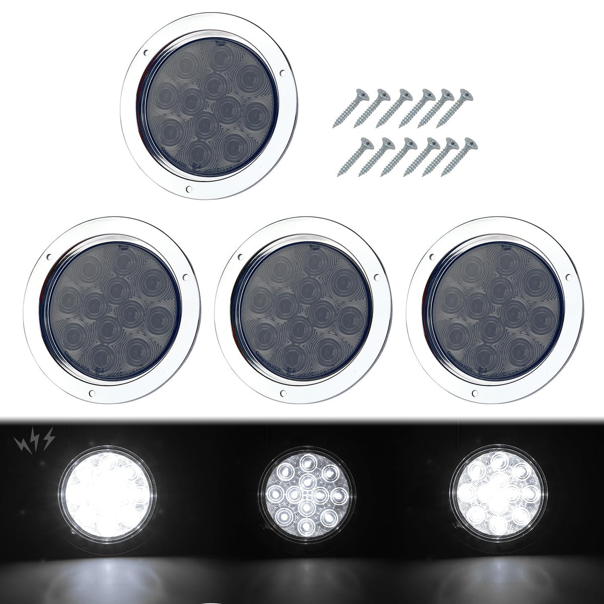 TMH (4 Pack 4 Inch Smoked Lens White LED Strobe Trailer Tail Lights, 12 LED Flush Mount, Chrome Bezel, Waterproof, Solid & Flash