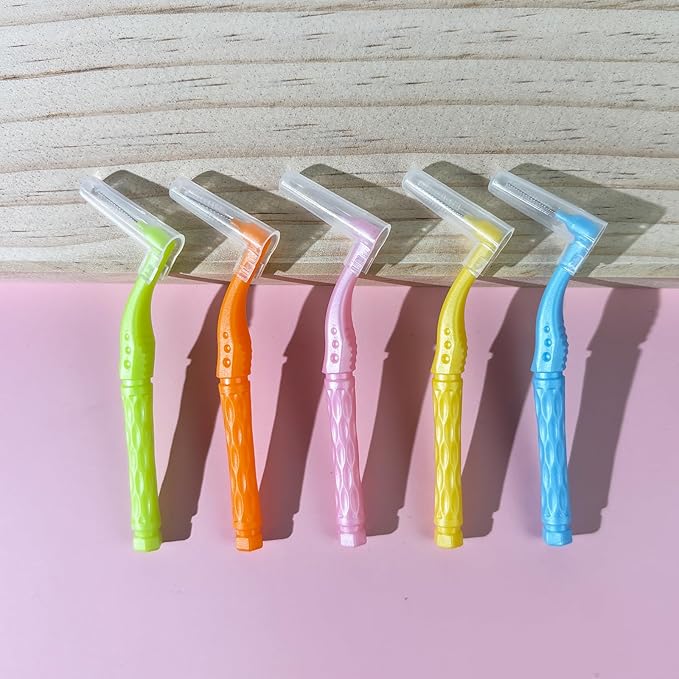 50PCS L-Shaped Interdental Brushes Braces Toothbrush Short Handle,5 Different Sizes Dental Floss Brush Angled Interdental Toothpick