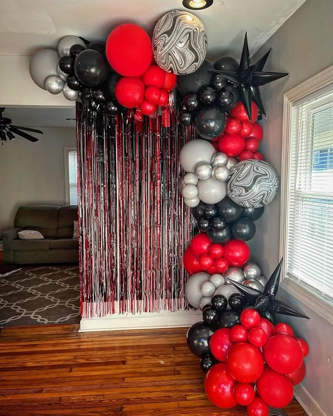 153Pcs Red and Black Silver Balloons Garland Arch Kit with Stars -22 18 12 10 5 inch Different Size Red Black Metallic Silver Balloon for Birthday Graduation Racing Car Poker Party Decorations