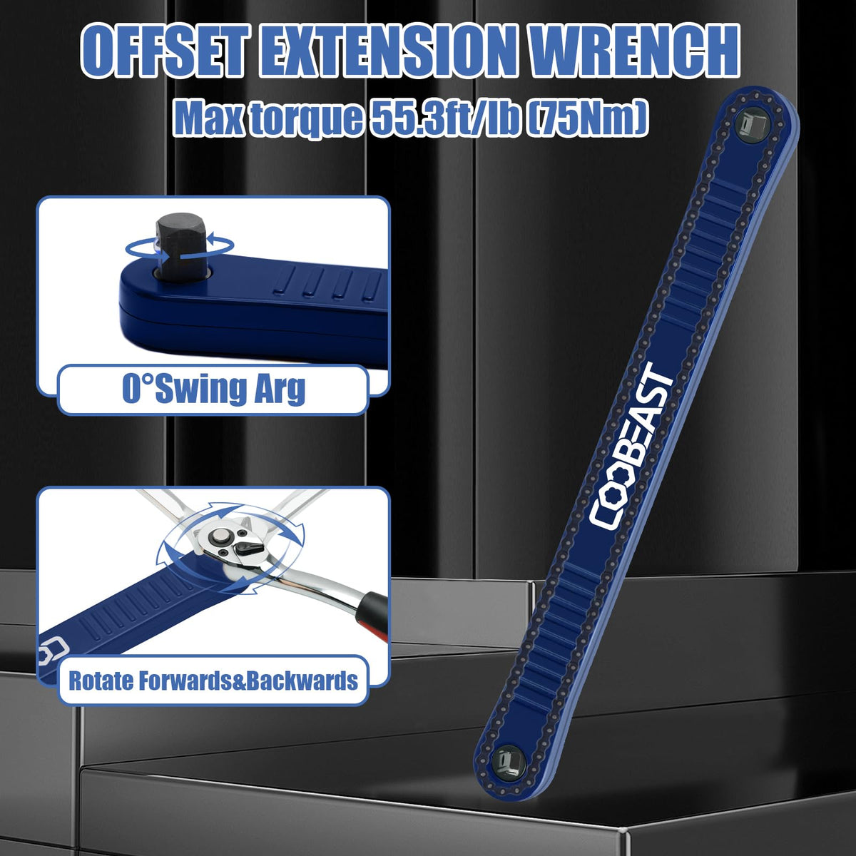 coobeast Offset Extension Wrench Impact Ready Socket Wrench Extender Tool with Versatile 1/4", 3/8", and 1/2" Square Drive Adapters, Universal Extensions Wrench for Small Place