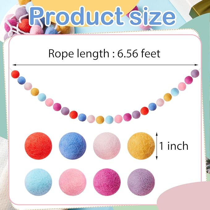 Boao 2 Pieces Wool Felt Ball Garland Colorful Pom Pom Garland Handmade 6.5 Feet Long 24 Balls Felt Banner for Wall Christmas Tree Decoration (Lovely Colors)