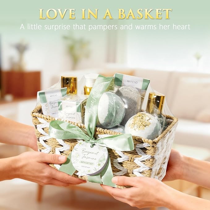 Birthday Gifts for Women, Bergamot Jasmine Relaxing Spa Gift Baskets for Women Self Care Package Bath Gift Set, Home Bath and Body Kit Pampering Valentines Day Gifts for Her Womens Mom Friends Sister