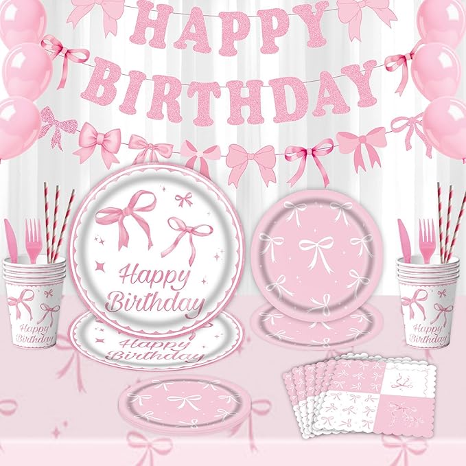 Pink Bow Party Supplies Tableware Sets,Includes Disposable Plates, Napkins, Cups,Straws,Cutlery, Balloons, Banner, and Tablecloth for Party Baby Shower Birthday Decorations,Serves 20