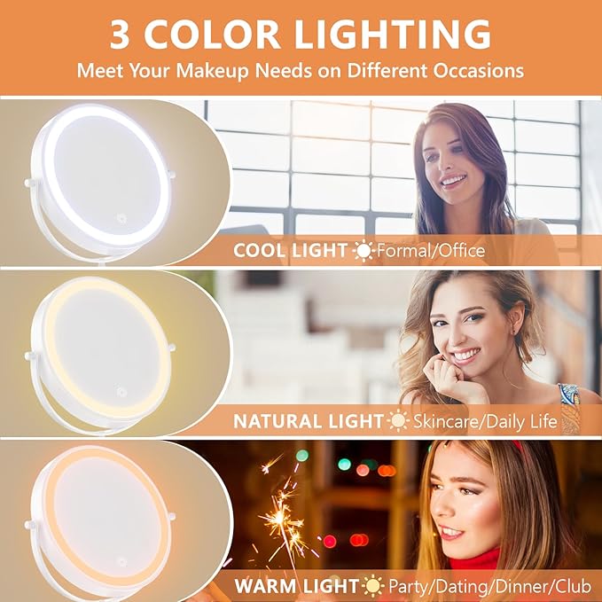1X/20X Wall Mounted Makeup Mirror with Light, 8" Rechargeable Double-Sided Magnifying Mirror, Vanity Mirror Dimmable 3 Color Light, 360° Extension Rotation Foldable 14.5 Inch Arm for Bathroom