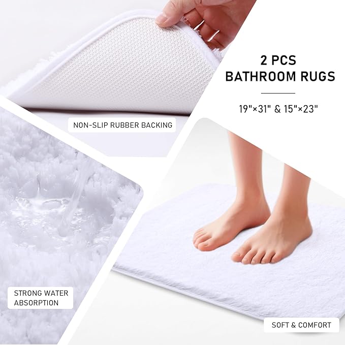 11PCS Bathroom Sets with Shower Curtain and Rugs Bathroom Accessories Set White Bathroom Set,Soap Dispenser & Toilet Brush Holder Set with Stainless Steel Trash Can