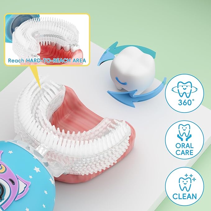 Kids U Shaped Electric Toothbrush with 4 Brush Heads, Rechargeable Toothbrush Kids with 2 Modes, Cartoon Cat 360-Degree Cleaning IPX7 Waterproof Design (Ages 2-12)