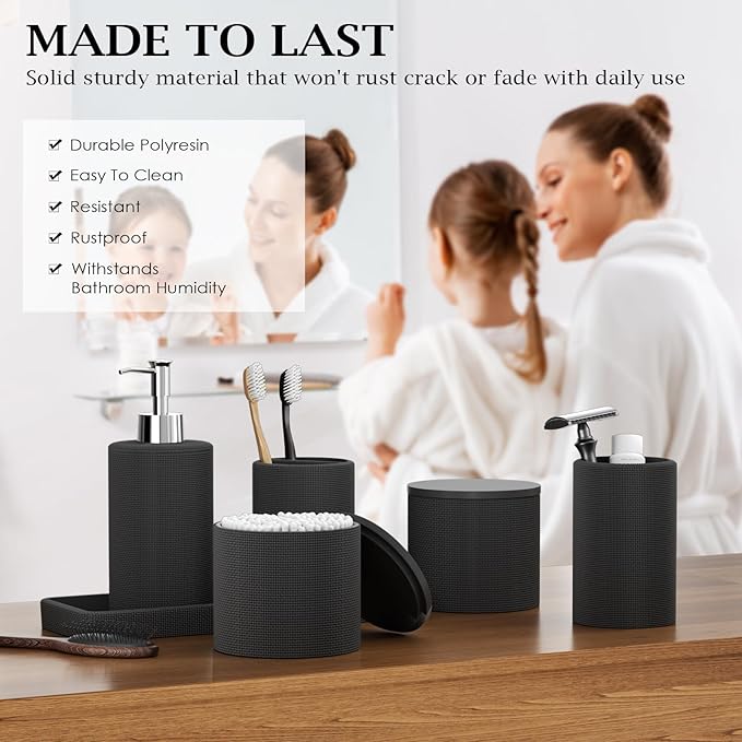 6-Piece Black Bathroom Set - Mesh Textured Resin Bathroom Accessories Set with Soap Dispenser, Toothbrush Holder, Cup, Vanity Tray & Apothecary Jars for Small Spaces