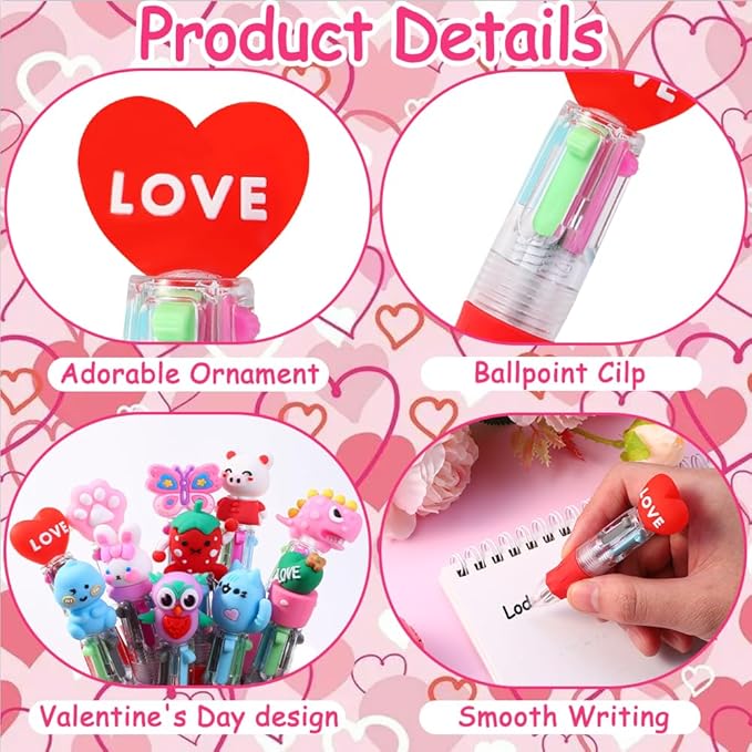 24PCS Valentines Fun Pens 0.7mm Cute Animal Multicolor Ballpoint Pens Retractable 4 Colors in One Valentines Stationery Party Favors School Supplies Students Rewards