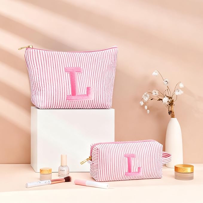 Birthday Gifts for Women - Custom Initial Makeup Bag Set, Portable Makeup Pouch Cosmetic Bag with Zipper, Travel Essentials Toiletry Bag Travel Gifts for Women, Light Pink B